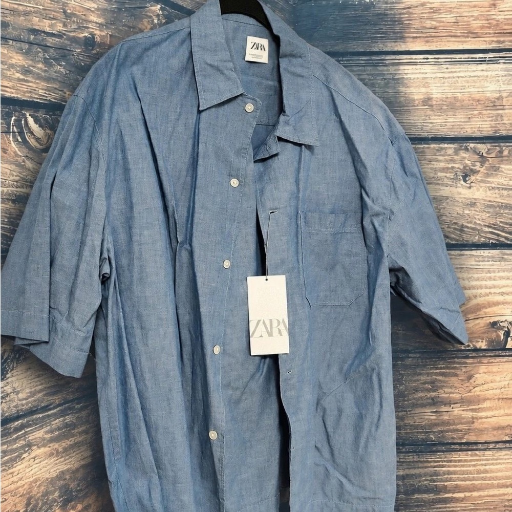 Zara Men’s Blue Short-Sleeve Button-Down Shirt